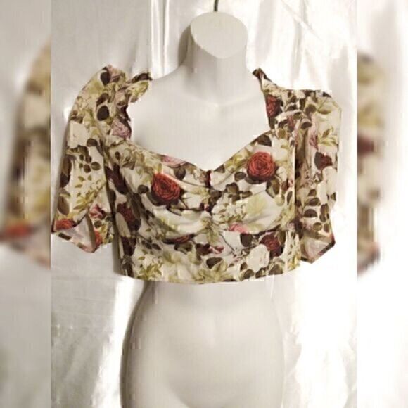Shein Curve Vintage Flower Floral Zip up Puff sleeve Cropped Top Blouse XL - Picture 4 of 8